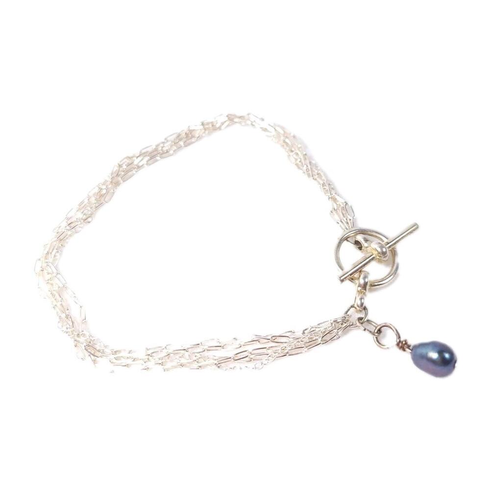 Hand Crafted Minimalist Multi Strand Chain And Pearl Chain Bracelet Toggle Clasp